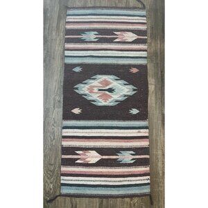 Handwoven Mexican Zapotec Style Wool Rug Southwest Geometric Aztec Decor 28x64"